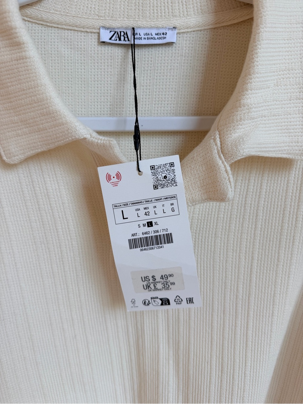 NWT Zara Cream Ribbed Collared Knit Sweater Top | Large | 6462/306/712 - Picture 2 of 3